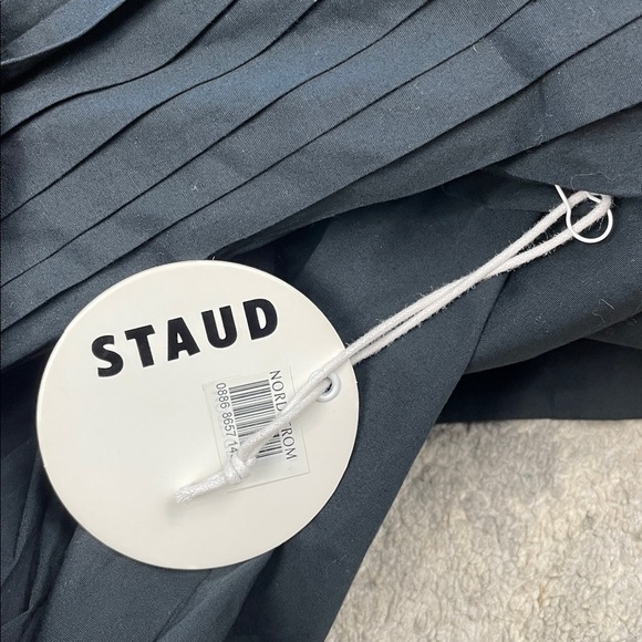 NWT Staud Bella Pleated Cotton Blend Poplin Midi Dress Black Square Neck Sz 6 - Picture 11 of 16